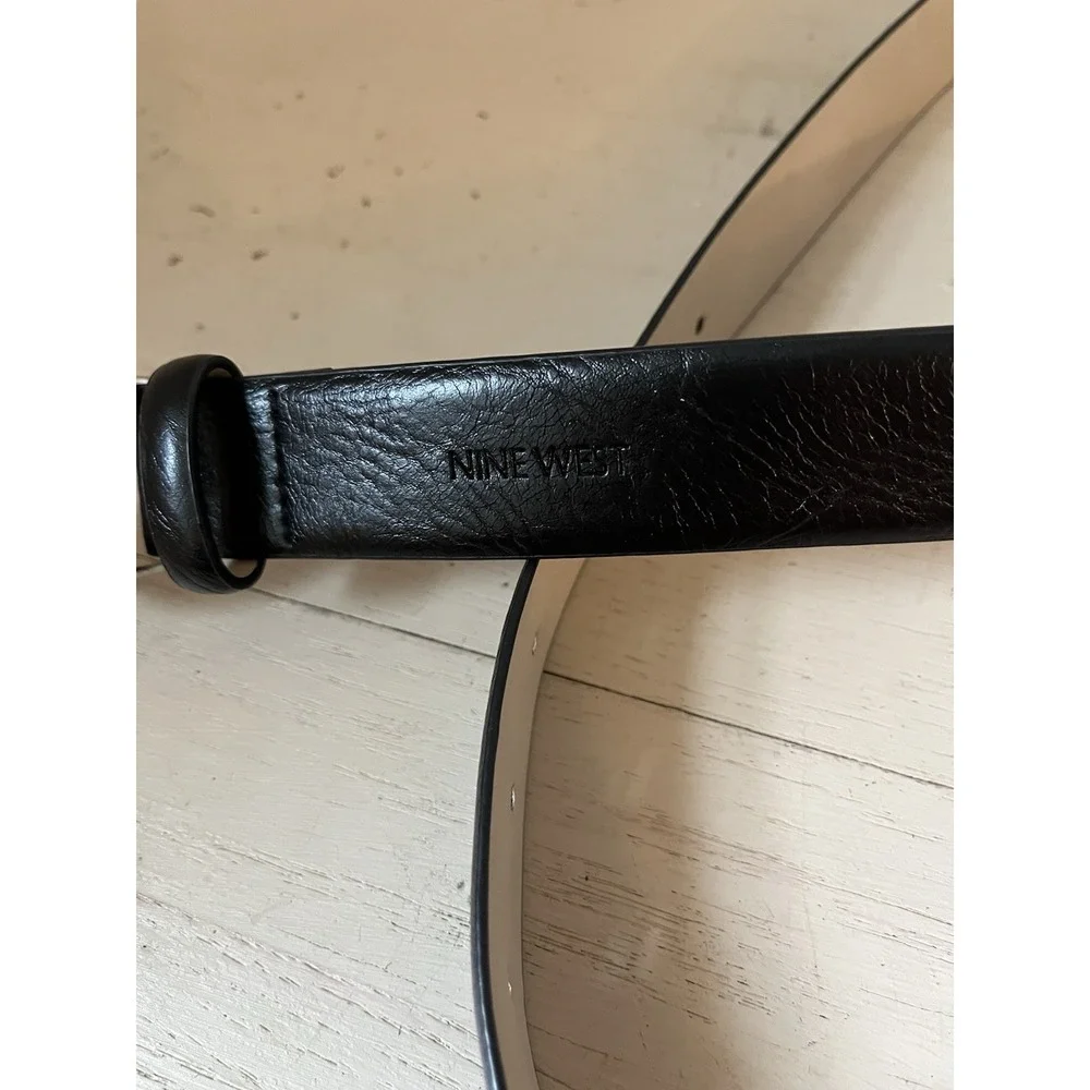 Nine West Women's Belt Size S 38X 1.1 Inch Black Faux Leather Silver Tone Buckle